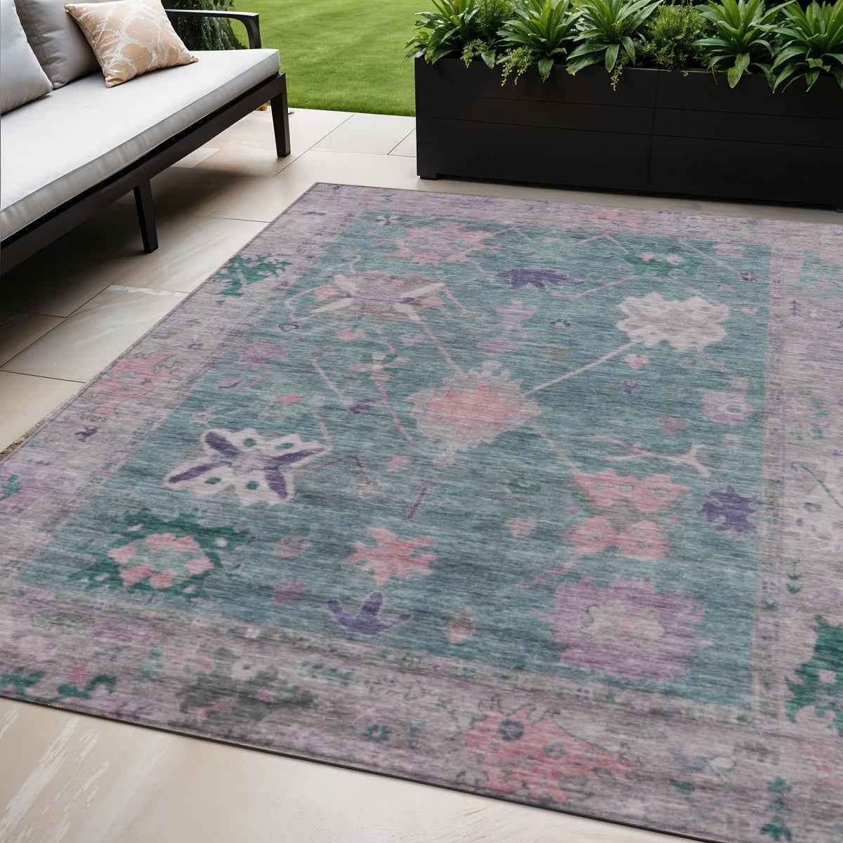 5' X 8' Green And Purple Tribal Washable Indoor Outdoor Area Rug