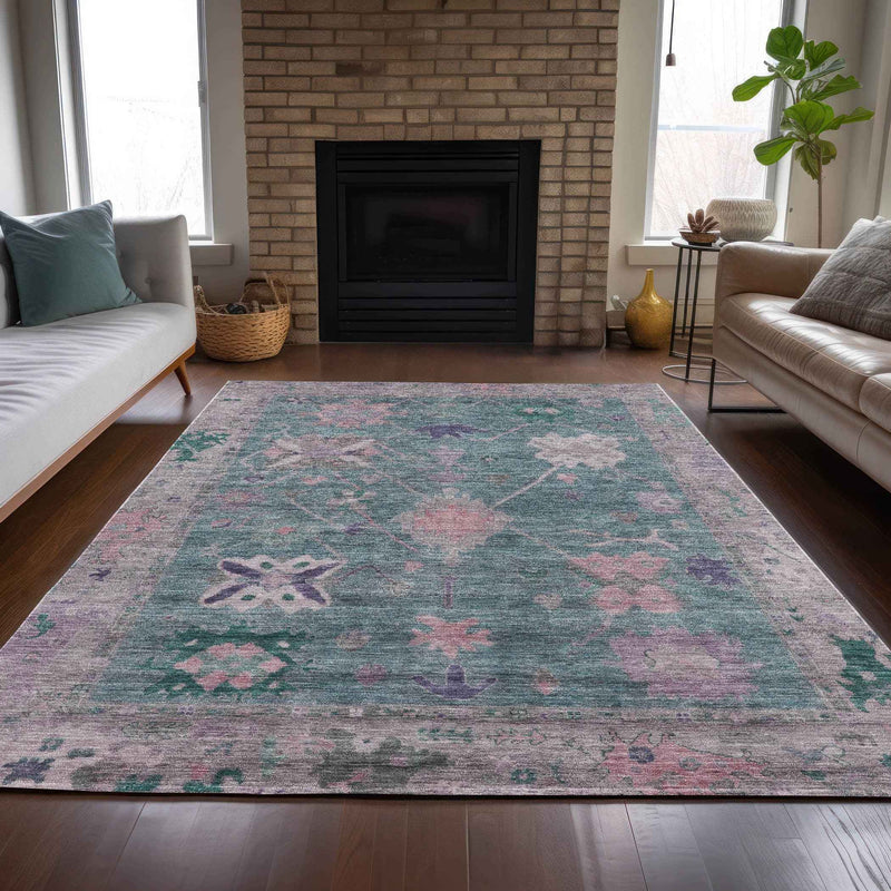 5' X 8' Green And Purple Tribal Washable Indoor Outdoor Area Rug