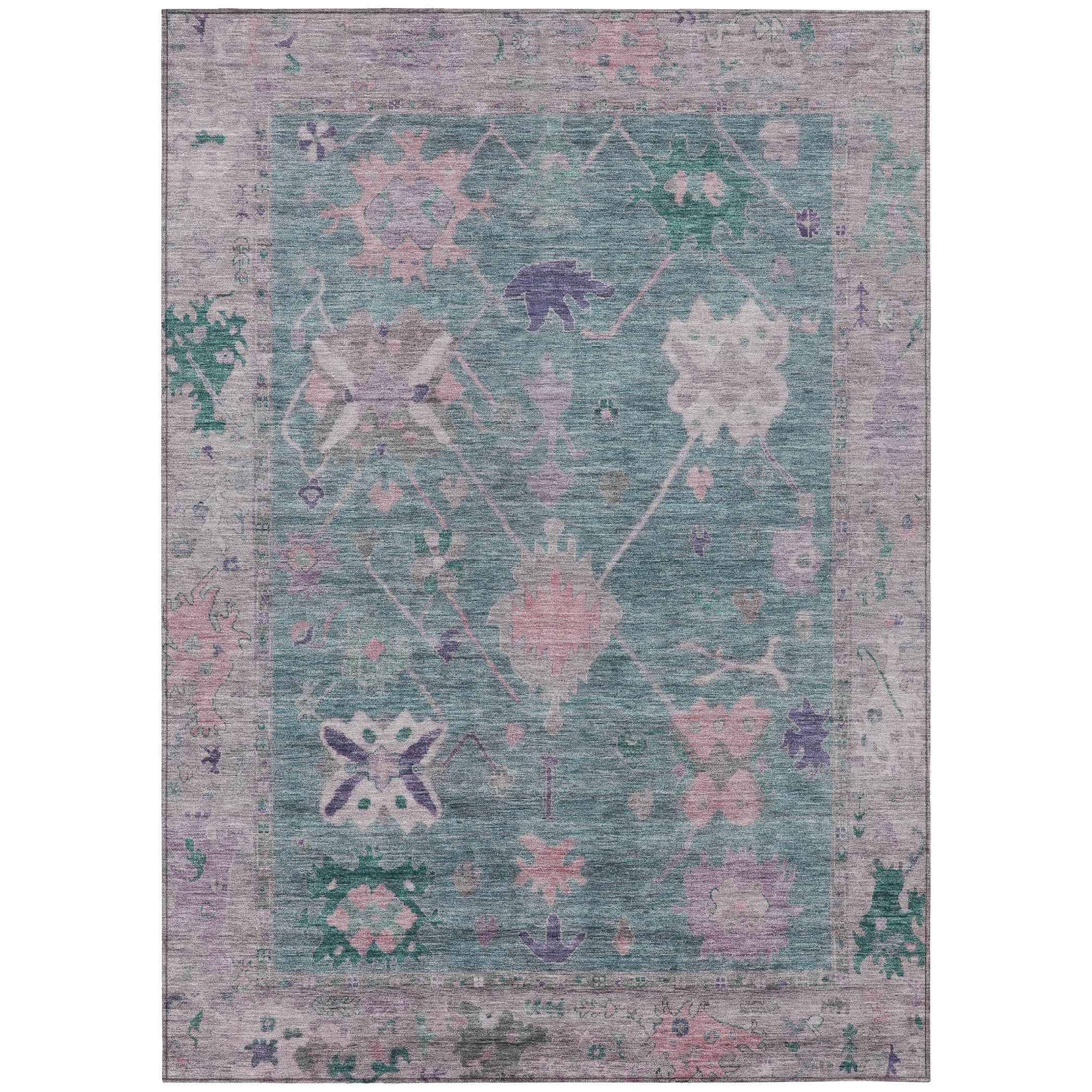 5' X 8' Green And Purple Tribal Washable Indoor Outdoor Area Rug