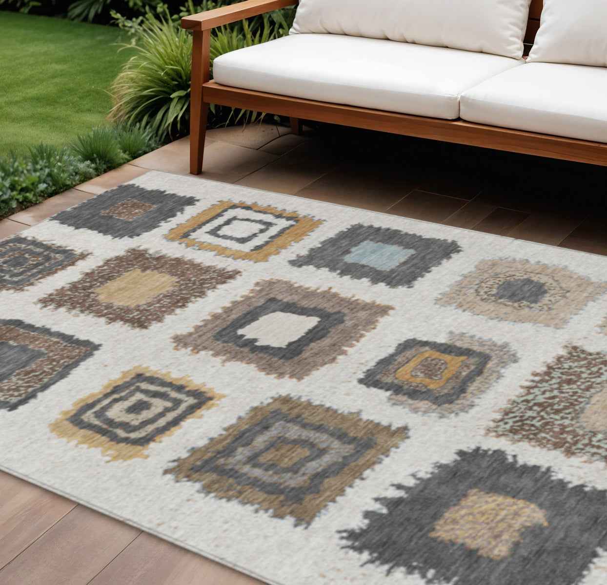 8' X 10' Ivory Charcoal And Gold Geometric Washable Indoor Outdoor Area Rug