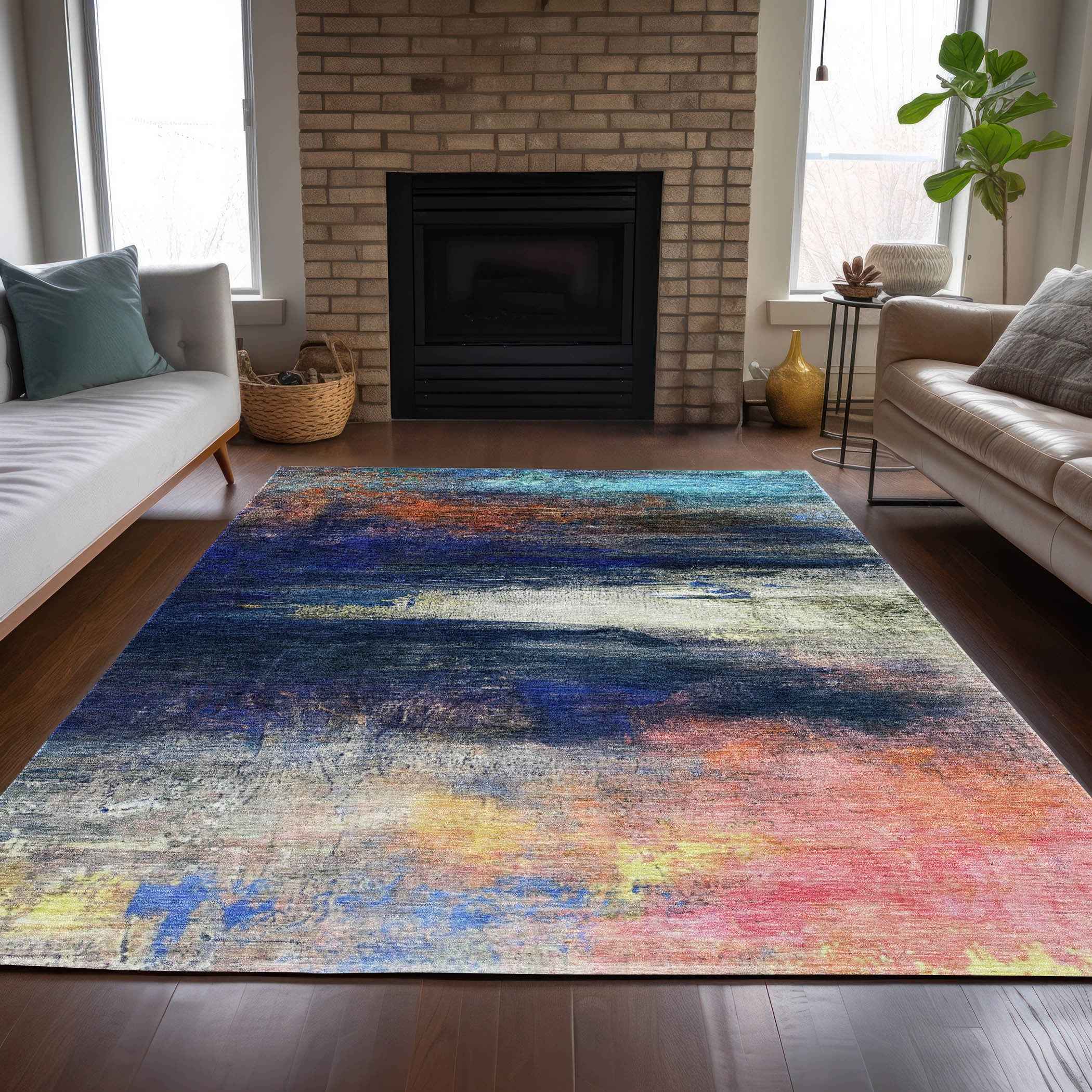 10' X 14' Blue Rust And Pink Abstract Washable Indoor Outdoor Area Rug