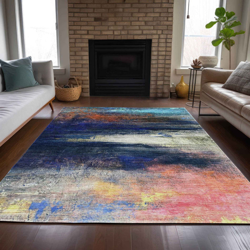 10' X 14' Blue Rust And Pink Abstract Washable Indoor Outdoor Area Rug