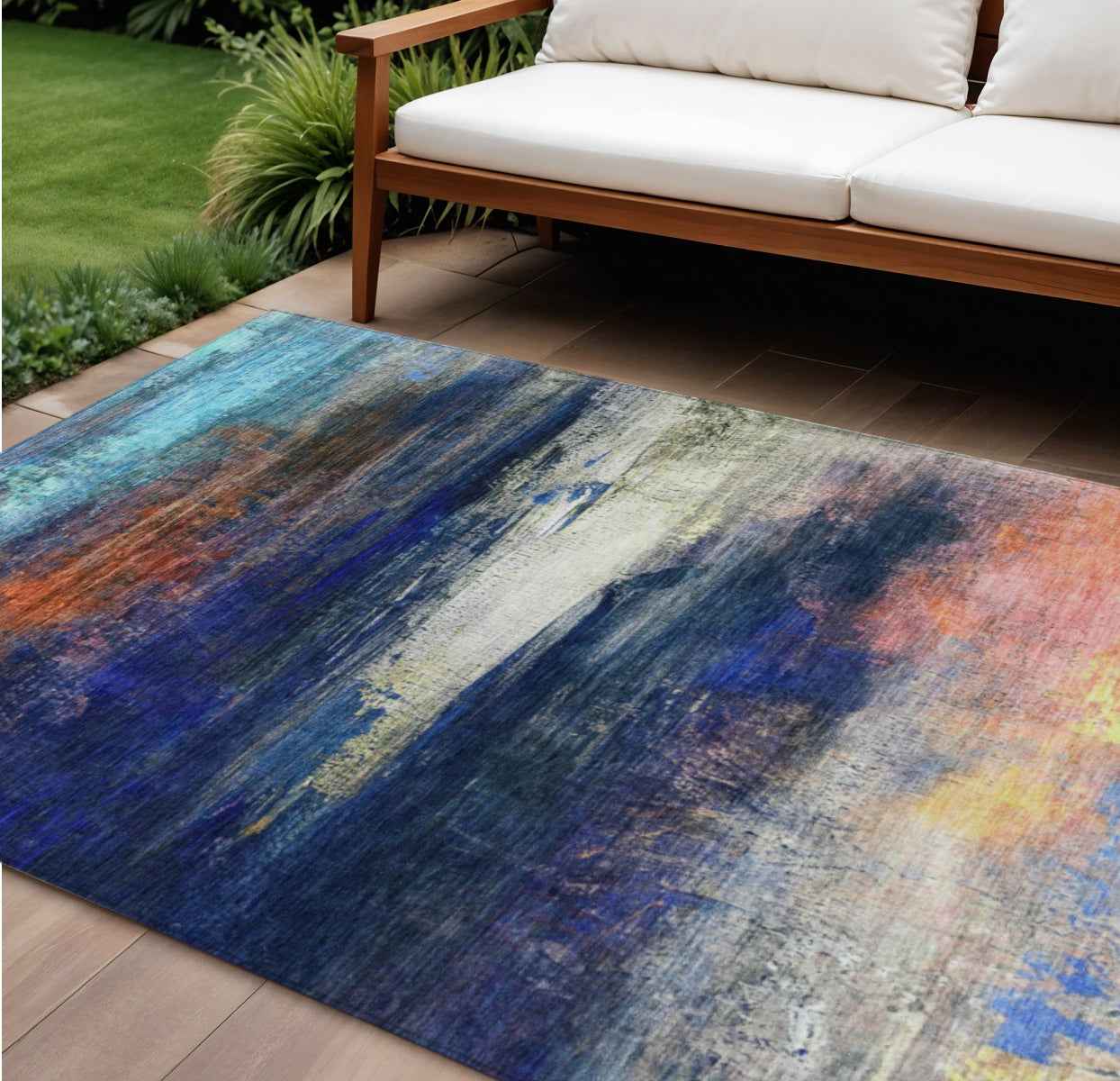 10' X 14' Blue Rust And Pink Abstract Washable Indoor Outdoor Area Rug