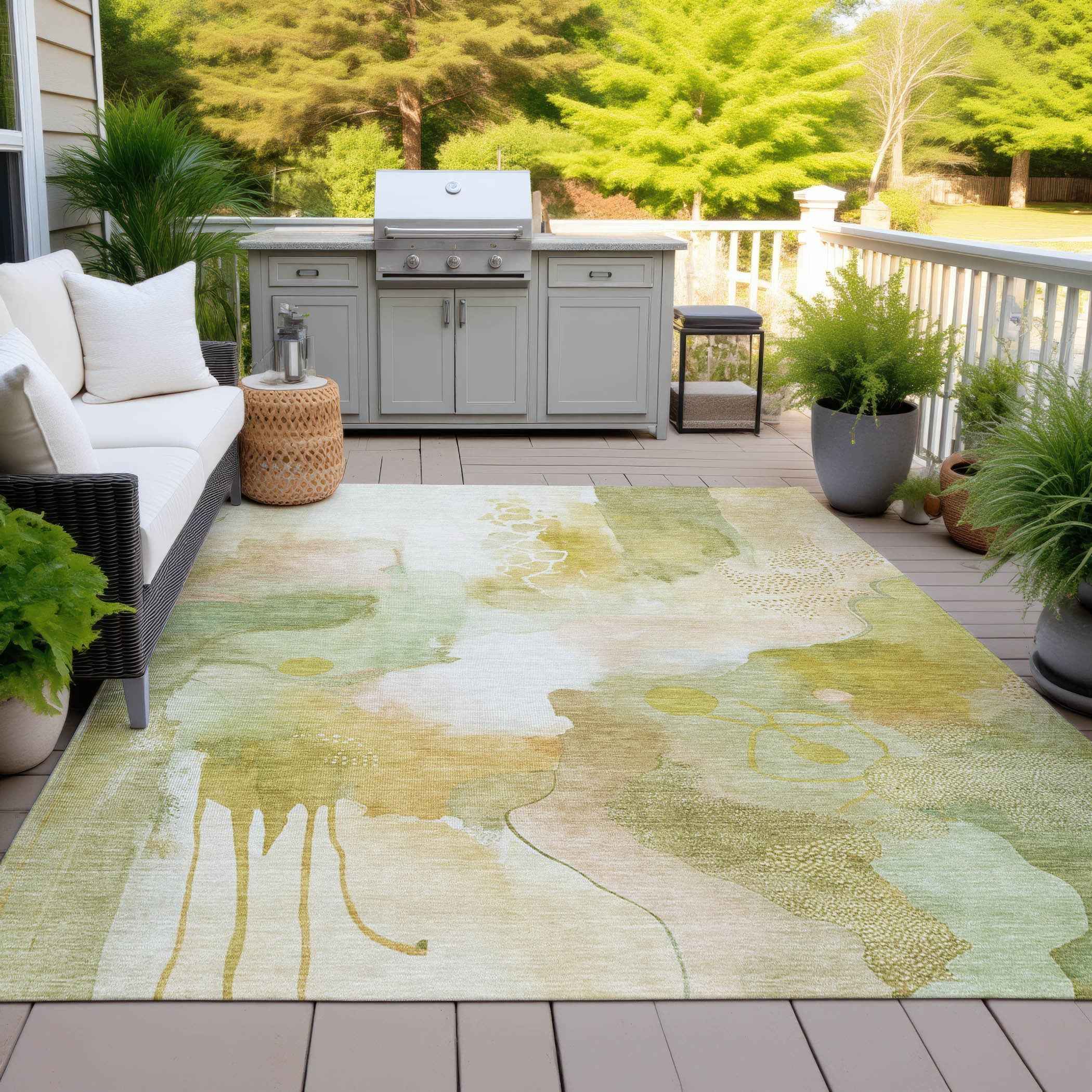 10' X 14' Fern Green Gold And Ivory Abstract Washable Indoor Outdoor Area Rug