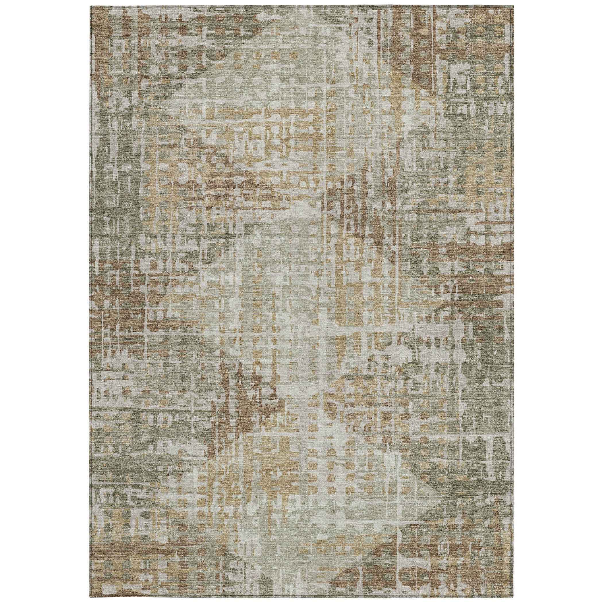 8' X 10' Artichoke Green And Brown Geometric Washable Indoor Outdoor Area Rug