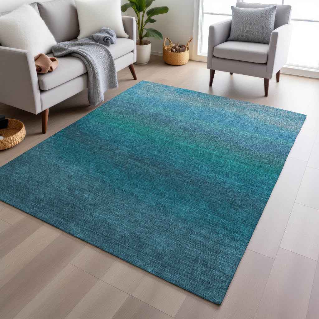 5' X 8' Teal Blue And Sky Blue Ombre Washable Indoor Outdoor Area Rug