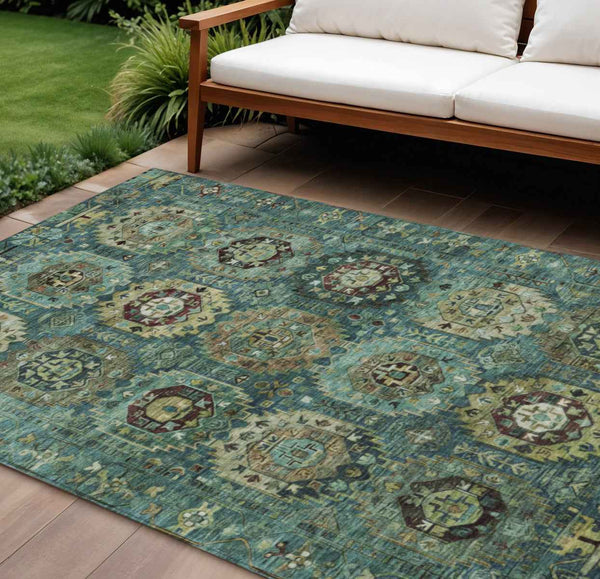 9' X 12' Teal Blue Brown And Taupe Medallion Washable Indoor Outdoor Area Rug