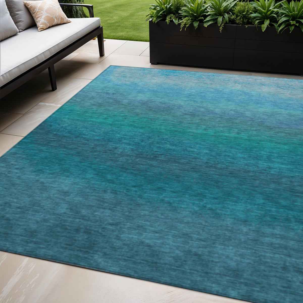 5' X 8' Teal Blue And Sky Blue Ombre Washable Indoor Outdoor Area Rug