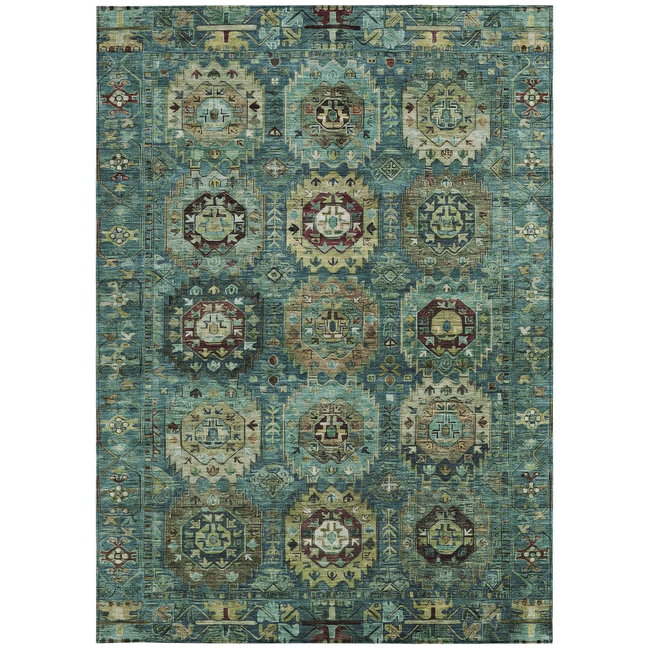9' X 12' Teal Blue Brown And Taupe Medallion Washable Indoor Outdoor Area Rug