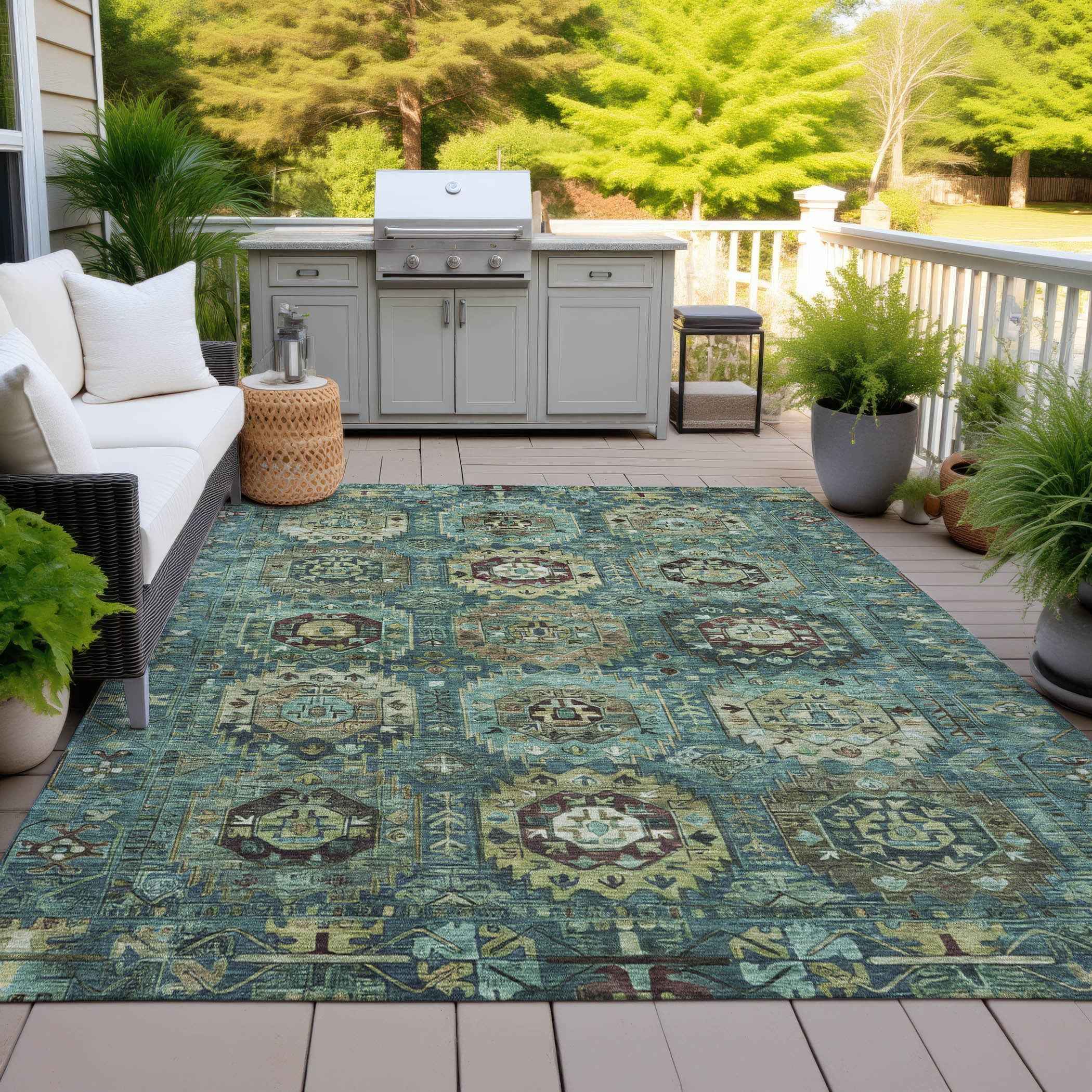 9' X 12' Teal Blue Brown And Taupe Medallion Washable Indoor Outdoor Area Rug