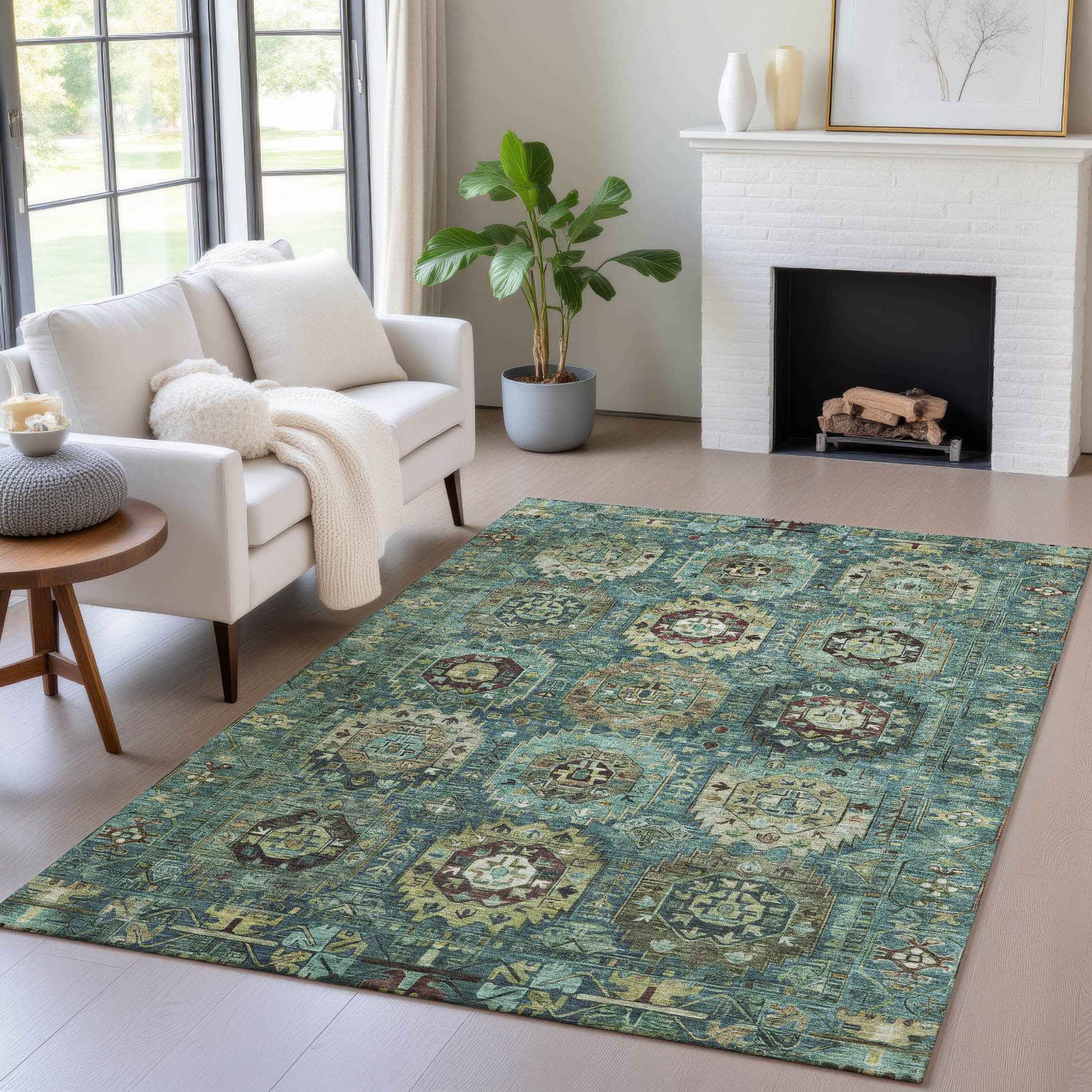 9' X 12' Teal Blue Brown And Taupe Medallion Washable Indoor Outdoor Area Rug