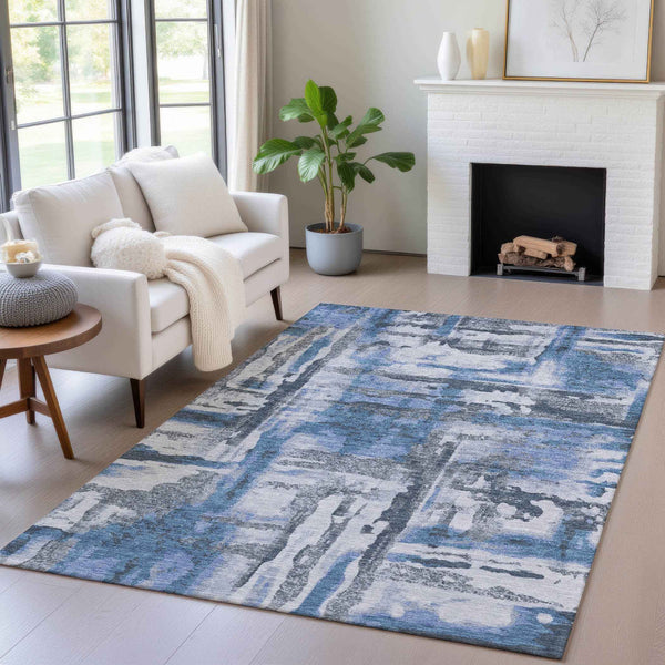 9' X 12' Blue And Gray Abstract Washable Indoor Outdoor Area Rug