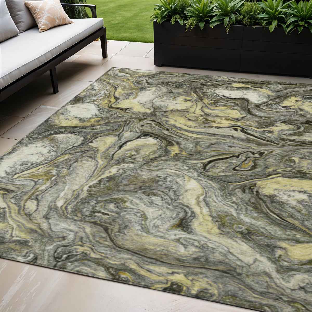 5' X 8' Pewter And Gold Abstract Washable Indoor Outdoor Area Rug