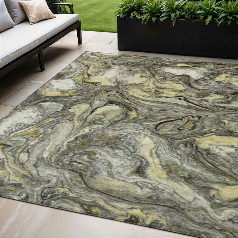 5' X 8' Pewter And Gold Abstract Washable Indoor Outdoor Area Rug