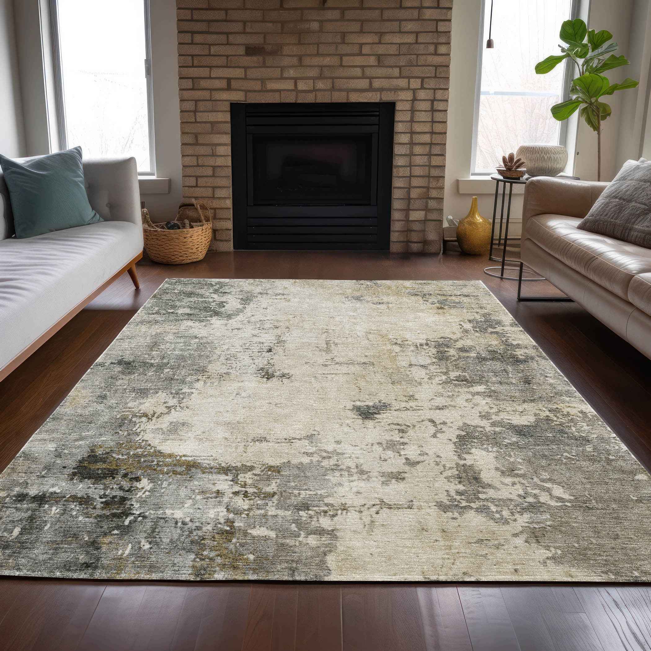 5' X 8' Pewter And Ivory Abstract Washable Indoor Outdoor Area Rug