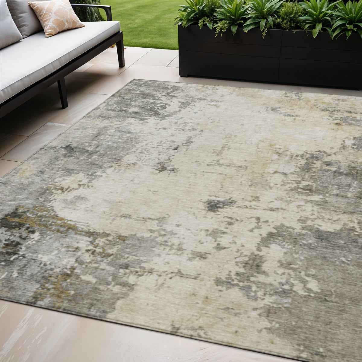 5' X 8' Pewter And Ivory Abstract Washable Indoor Outdoor Area Rug
