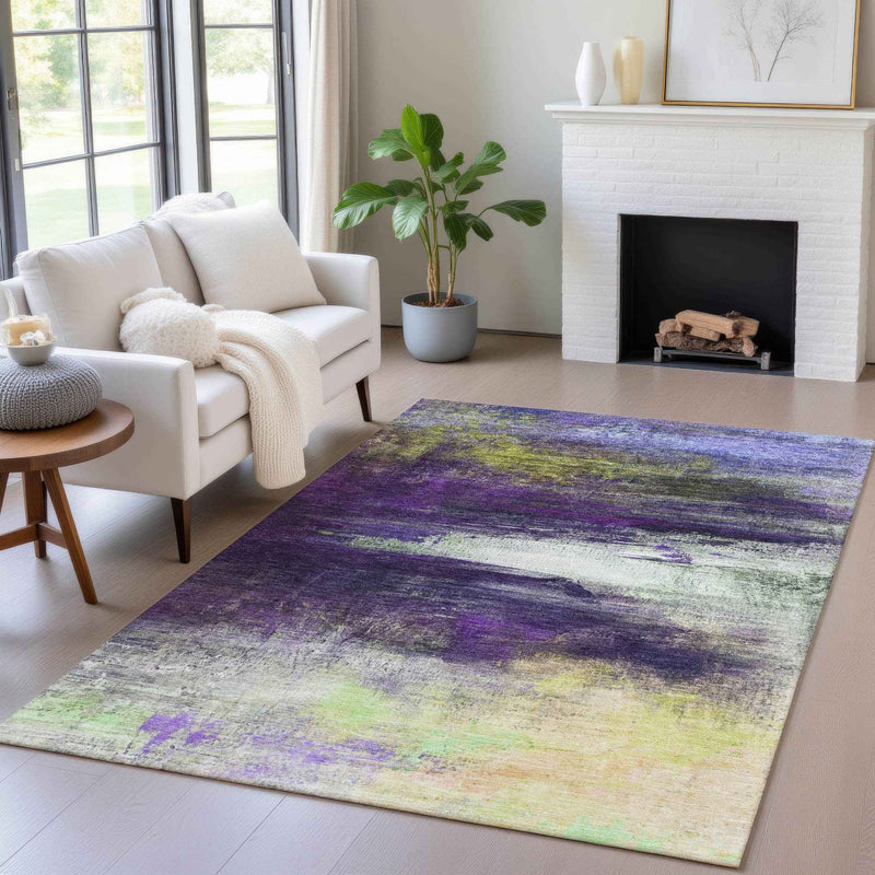 8' X 10' Purple Yellow And Ivory Abstract Washable Indoor Outdoor Area Rug