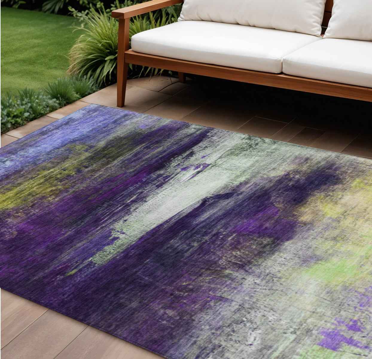 8' X 10' Purple Yellow And Ivory Abstract Washable Indoor Outdoor Area Rug