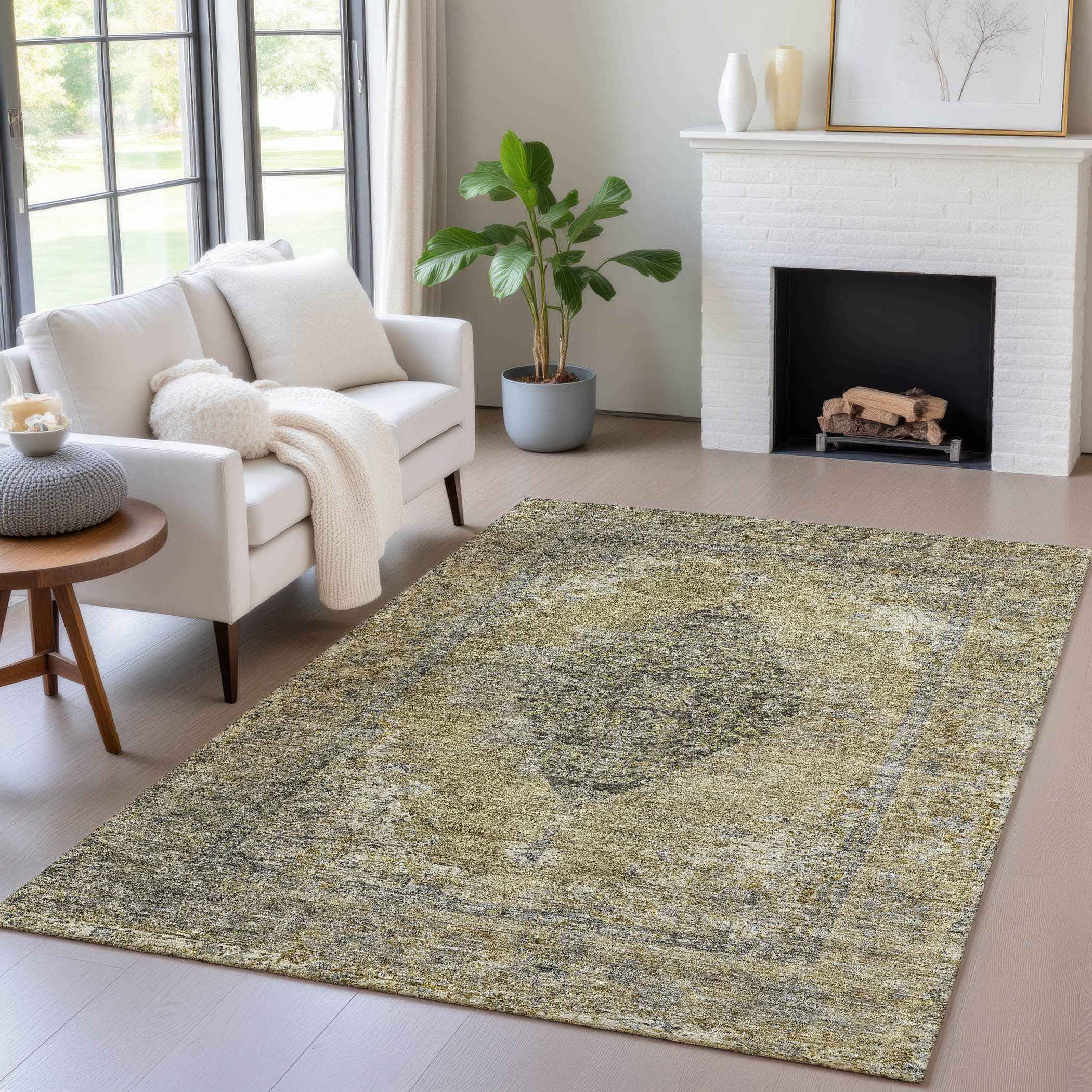 3' X 5' Khaki And Beige Medallion Washable Indoor Outdoor Area Rug