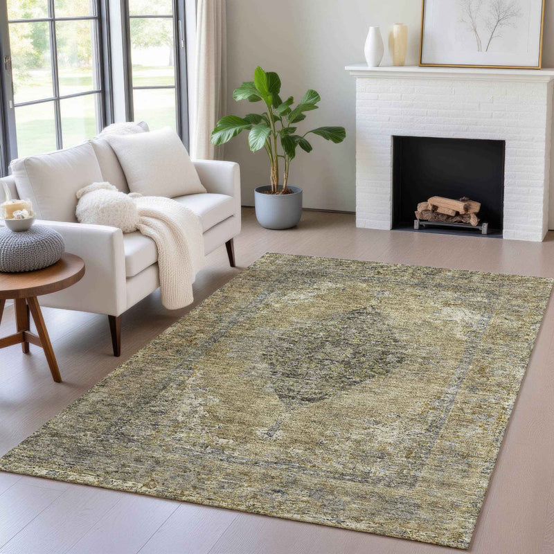 3' X 5' Khaki And Beige Medallion Washable Indoor Outdoor Area Rug