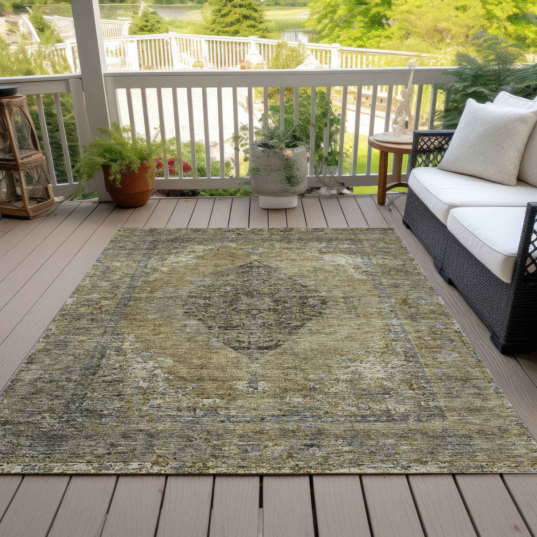 3' X 5' Khaki And Beige Medallion Washable Indoor Outdoor Area Rug