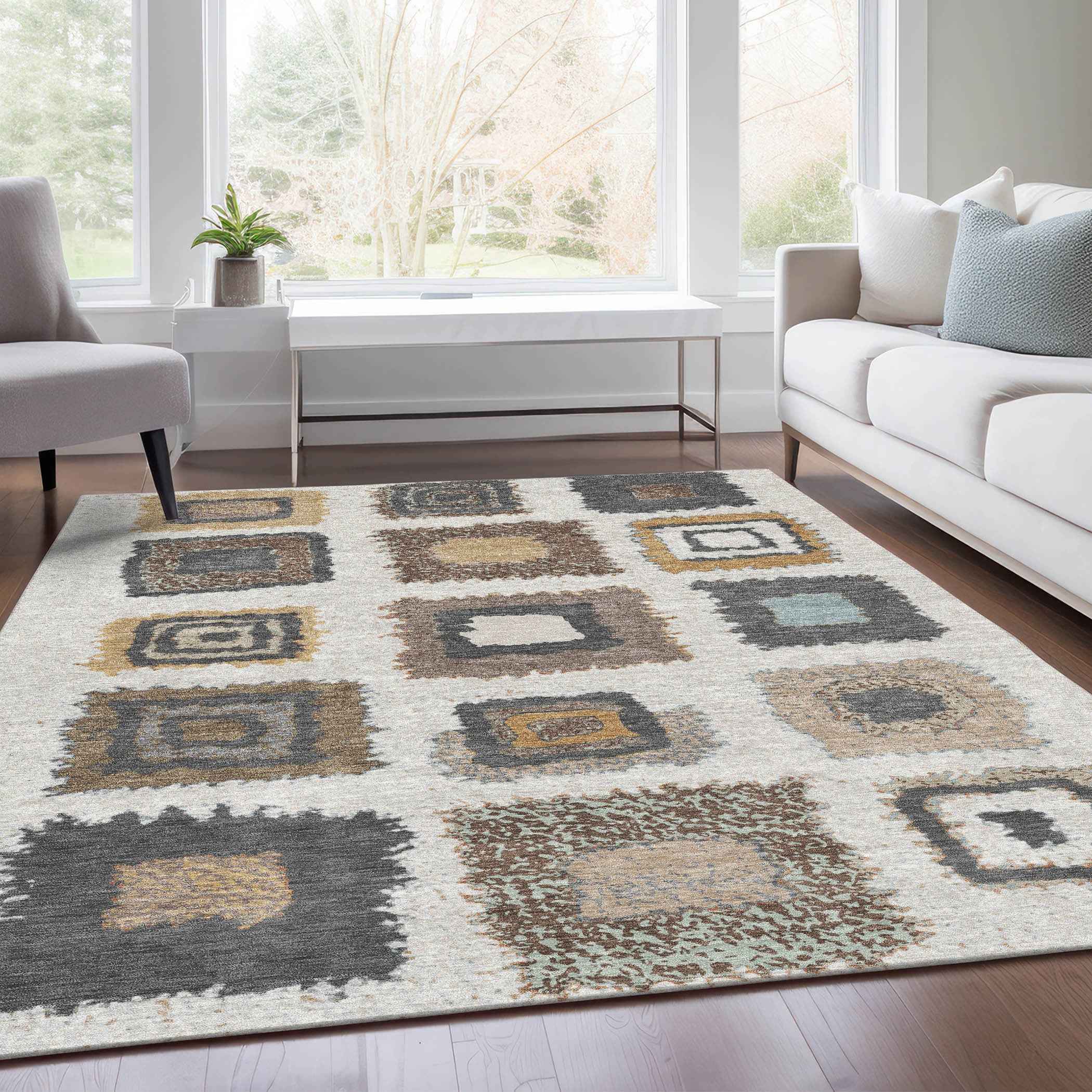 9' X 12' Ivory Charcoal And Gold Geometric Washable Indoor Outdoor Area Rug