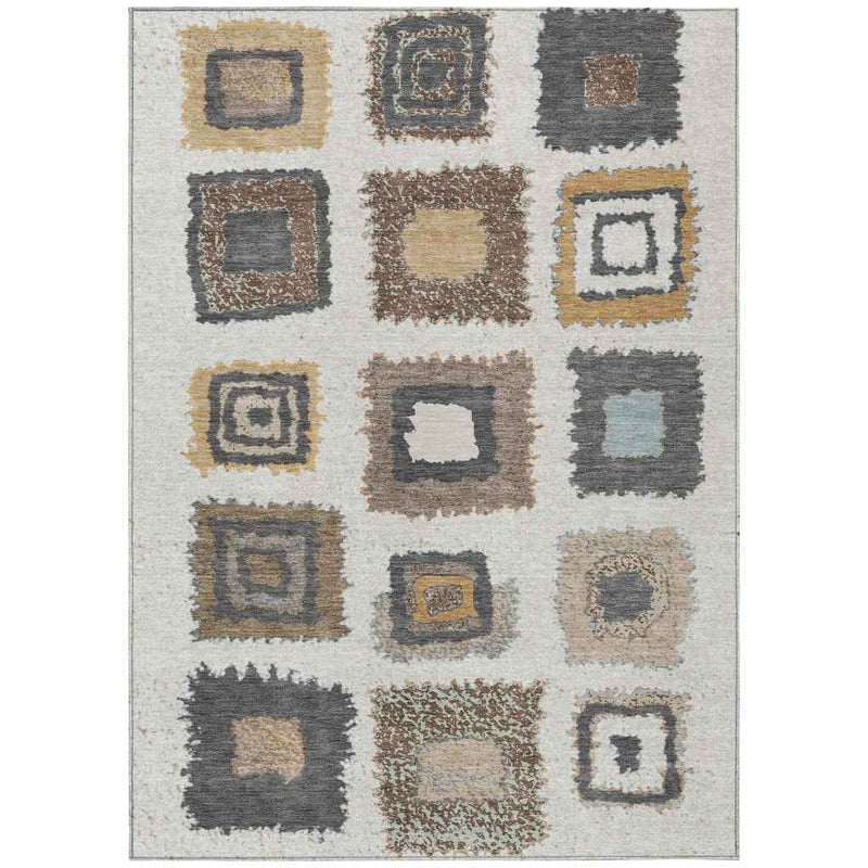 9' X 12' Ivory Charcoal And Gold Geometric Washable Indoor Outdoor Area Rug