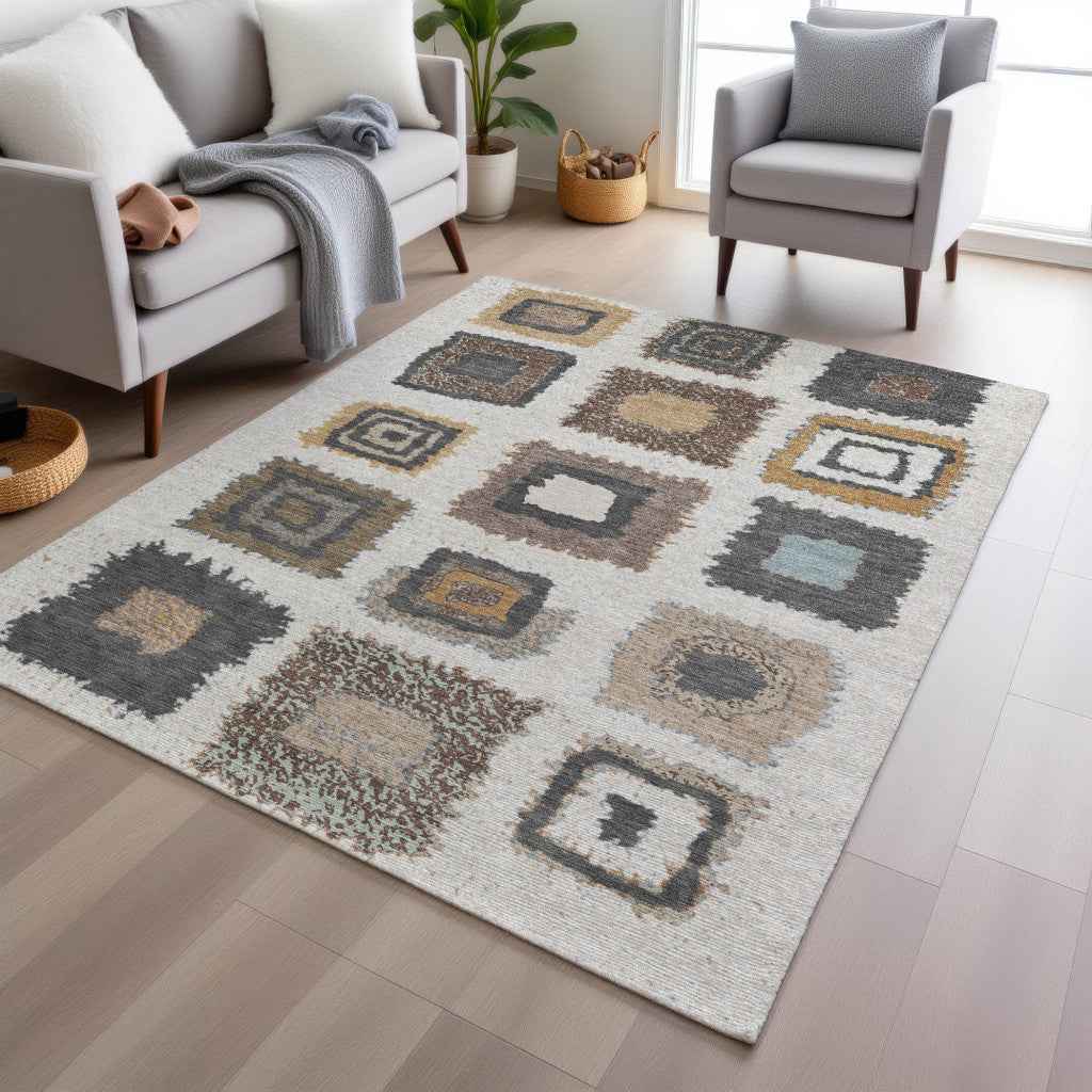 9' X 12' Ivory Charcoal And Gold Geometric Washable Indoor Outdoor Area Rug