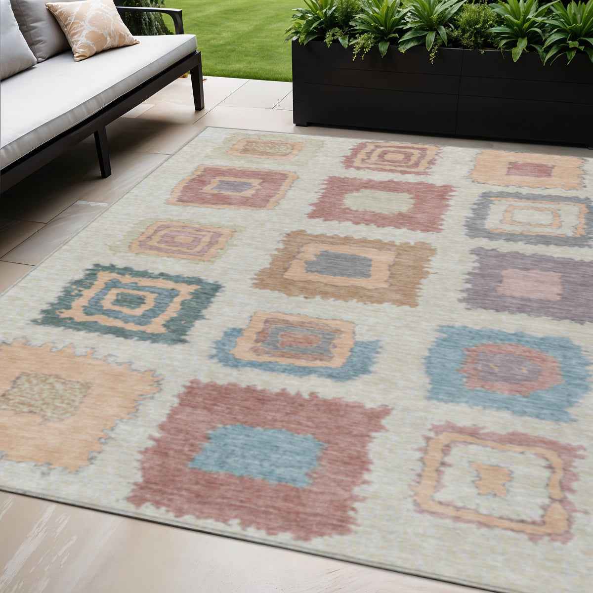 5' X 8' Peach Ivory And Beige Geometric Washable Indoor Outdoor Area Rug