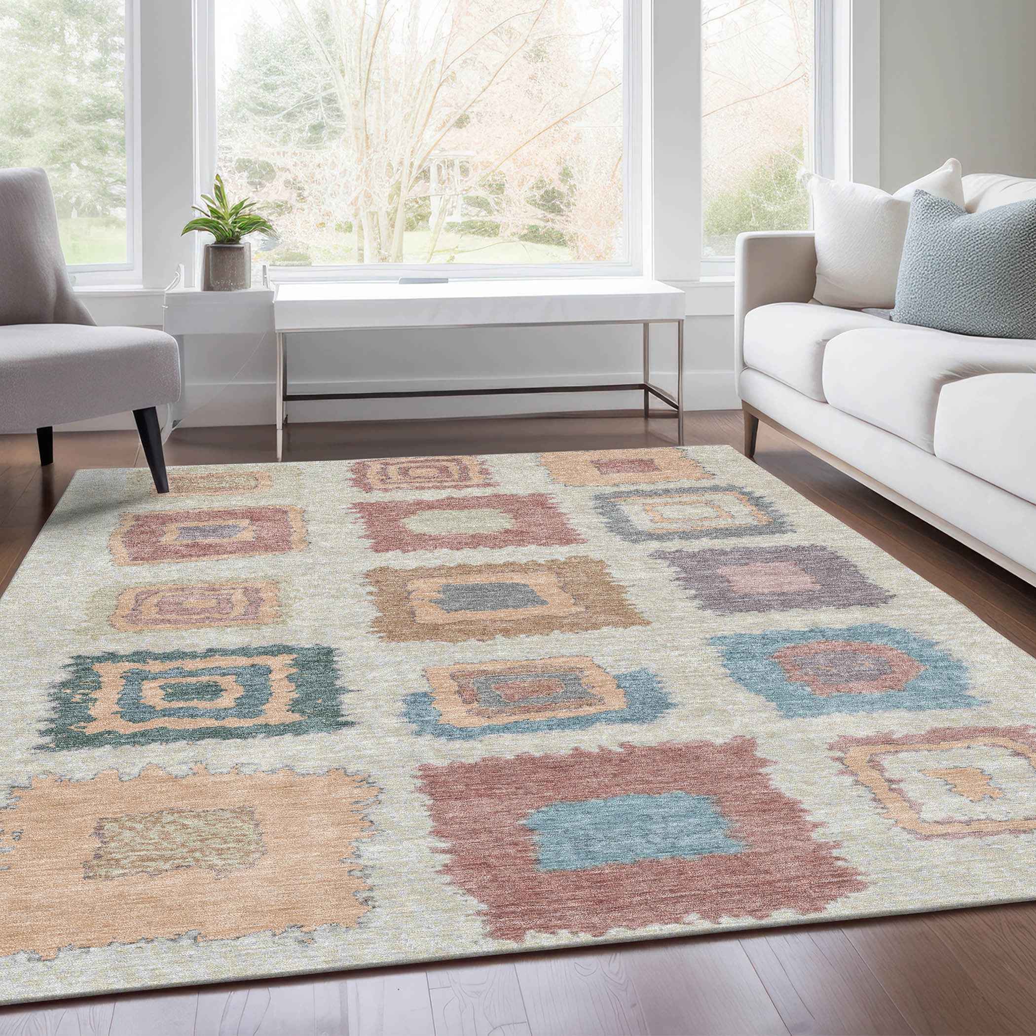 5' X 8' Peach Ivory And Beige Geometric Washable Indoor Outdoor Area Rug