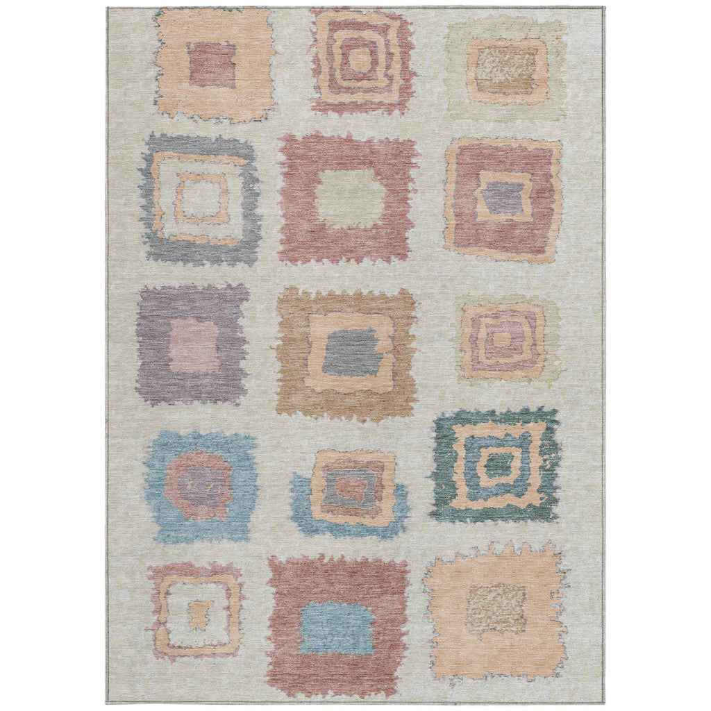 5' X 8' Peach Ivory And Beige Geometric Washable Indoor Outdoor Area Rug