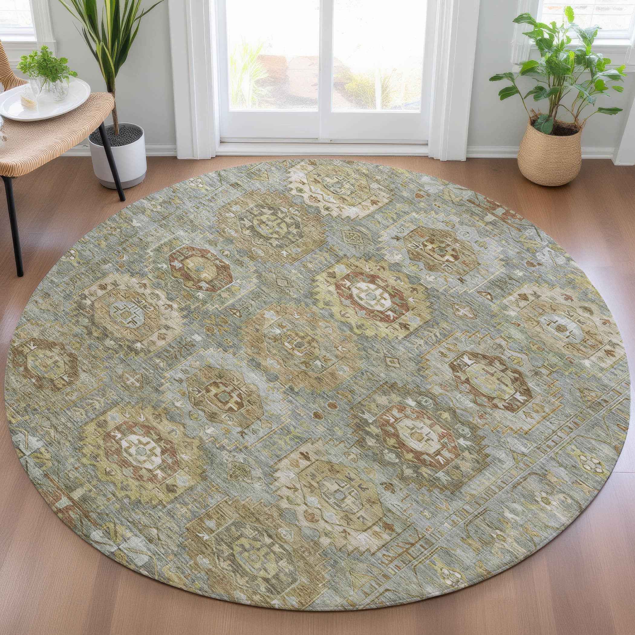 8' Sage Brown And Taupe Round Medallion Washable Indoor Outdoor Area Rug