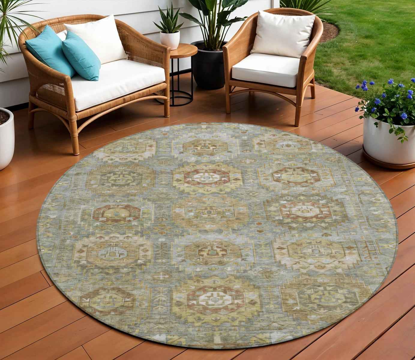 8' Sage Brown And Taupe Round Medallion Washable Indoor Outdoor Area Rug