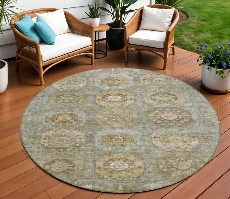8' Sage Brown And Taupe Round Medallion Washable Indoor Outdoor Area Rug