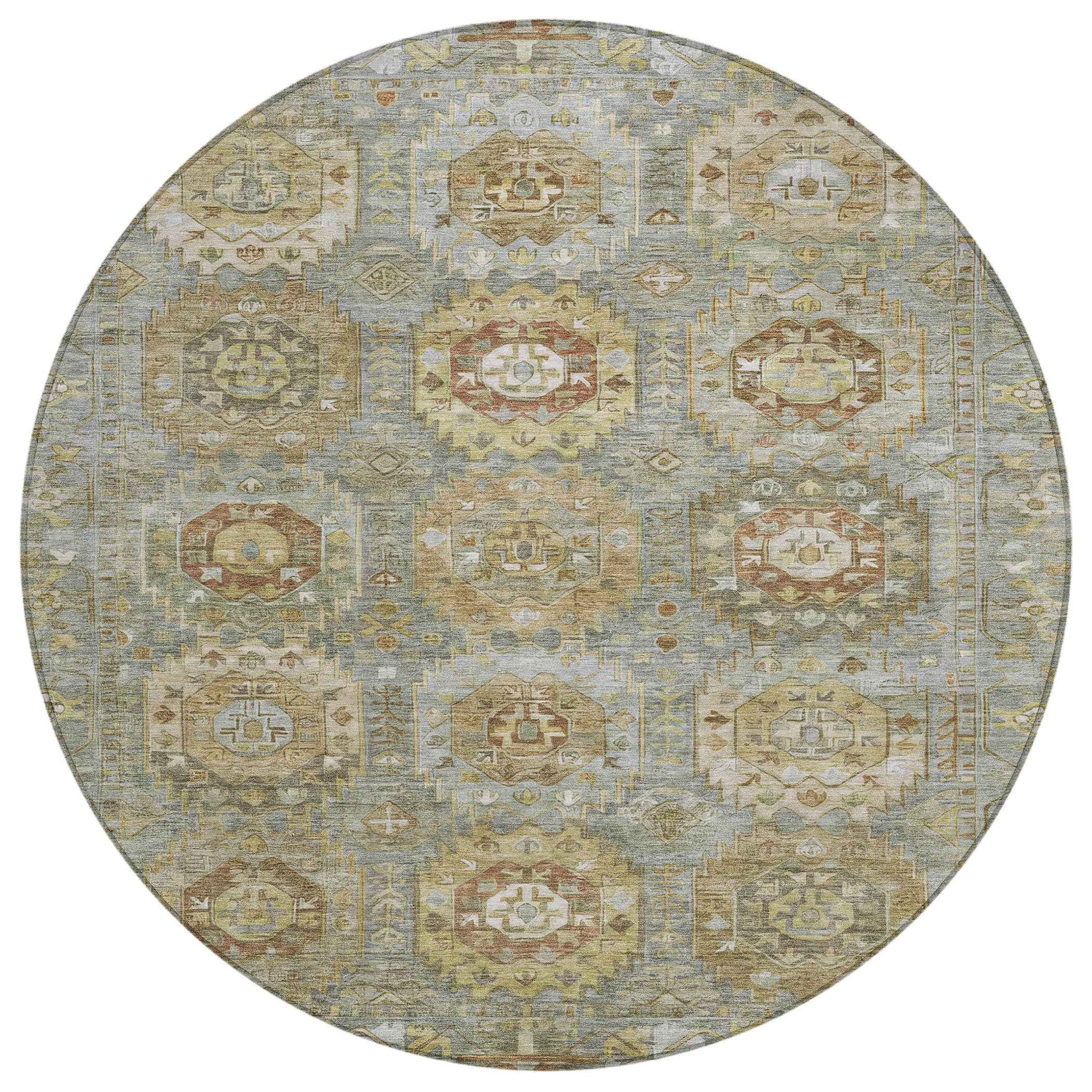 8' Sage Brown And Taupe Round Medallion Washable Indoor Outdoor Area Rug