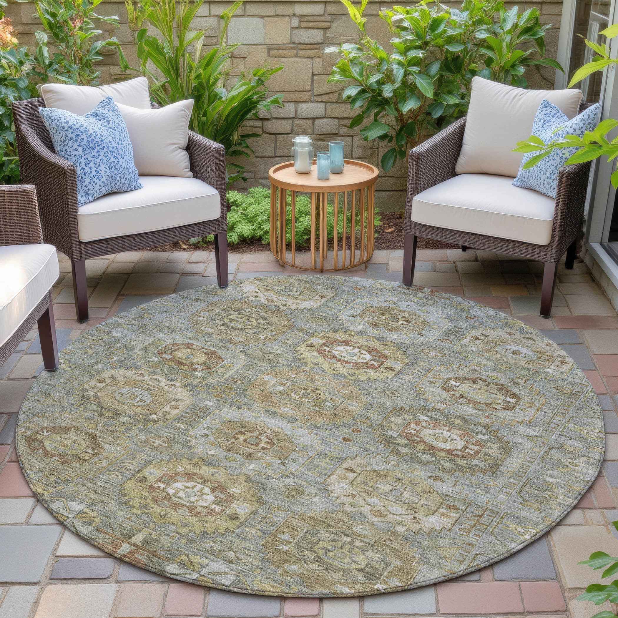 8' Sage Brown And Taupe Round Medallion Washable Indoor Outdoor Area Rug