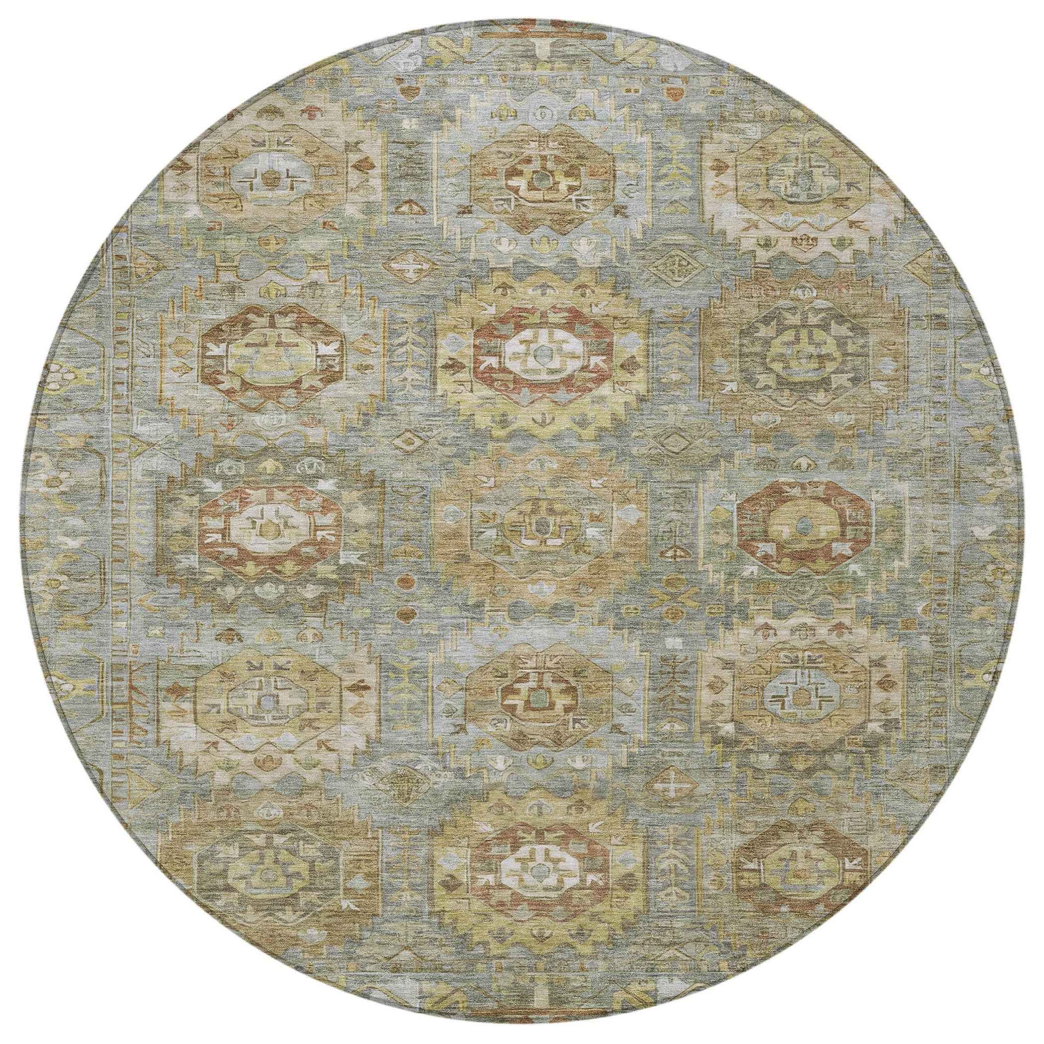 8' Sage Brown And Taupe Round Medallion Washable Indoor Outdoor Area Rug