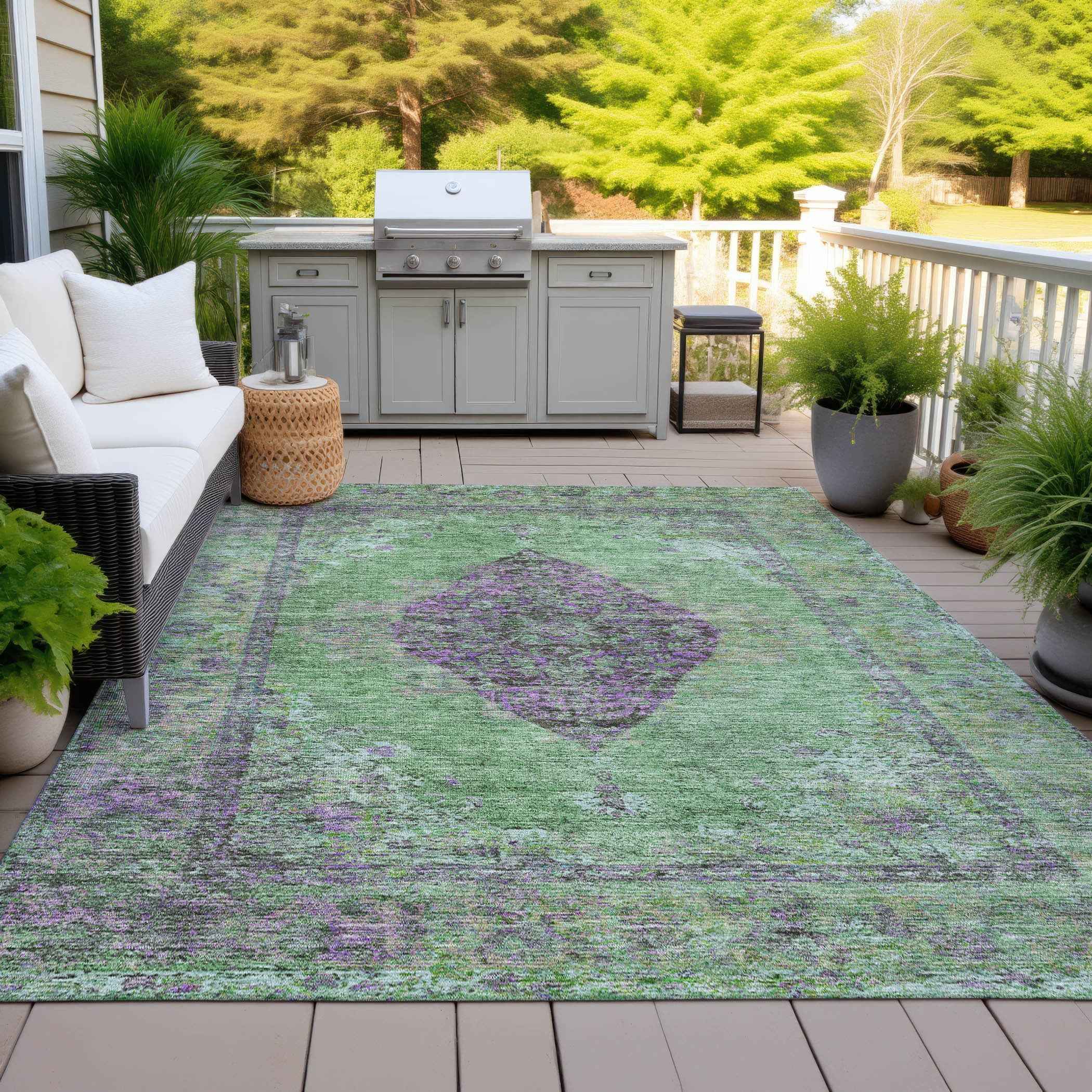 3' X 5' Lime Green And Purple Medallion Washable Indoor Outdoor Area Rug
