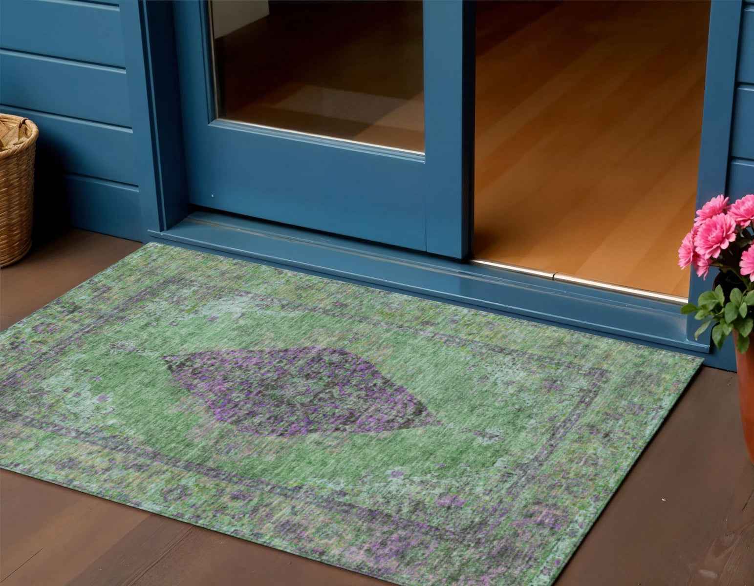 3' X 5' Lime Green And Purple Medallion Washable Indoor Outdoor Area Rug