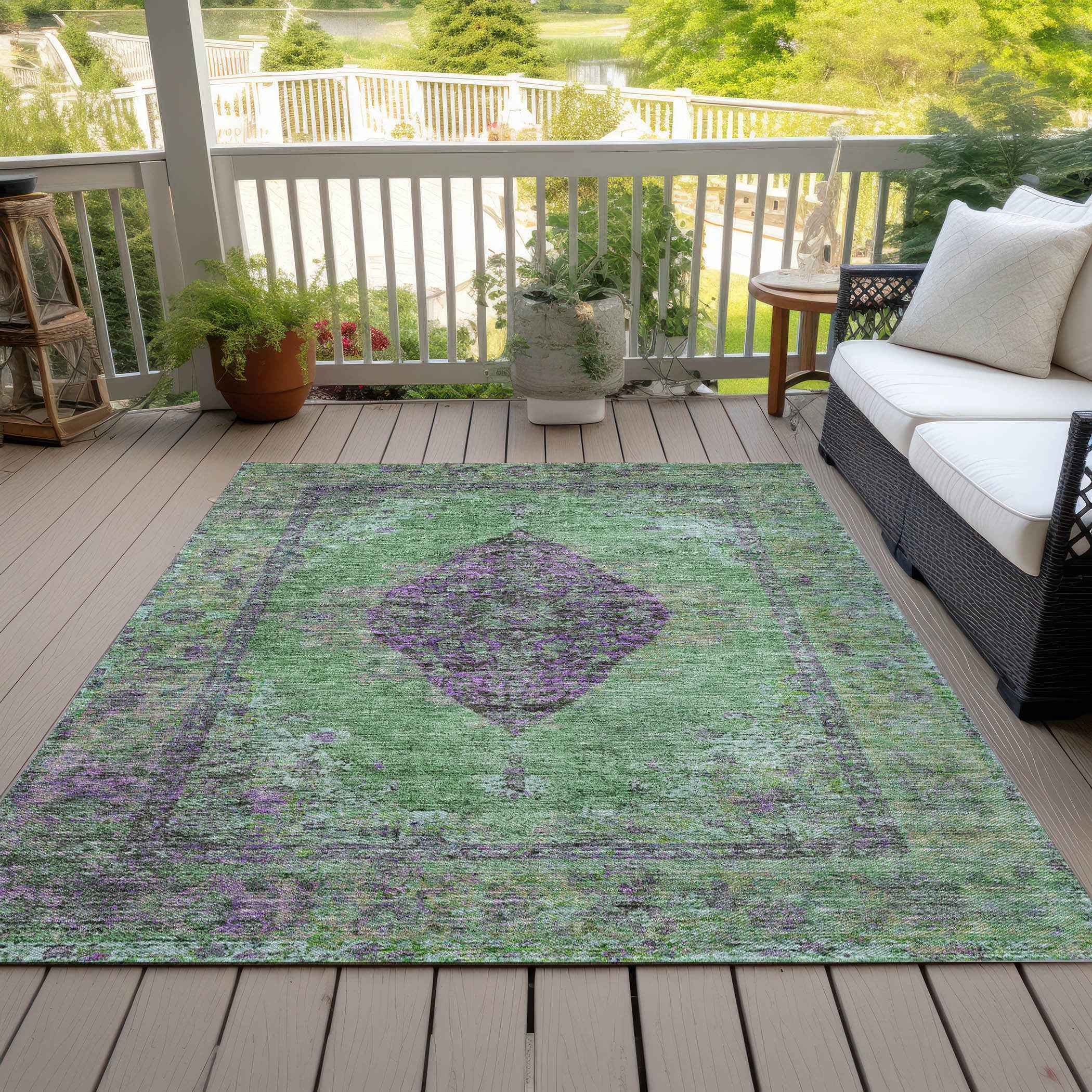 3' X 5' Lime Green And Purple Medallion Washable Indoor Outdoor Area Rug