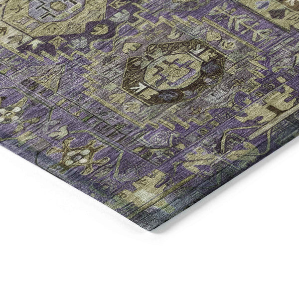 8' X 10' Eggplant Lavender And Olive Green Medallion Washable Indoor Outdoor Area Rug
