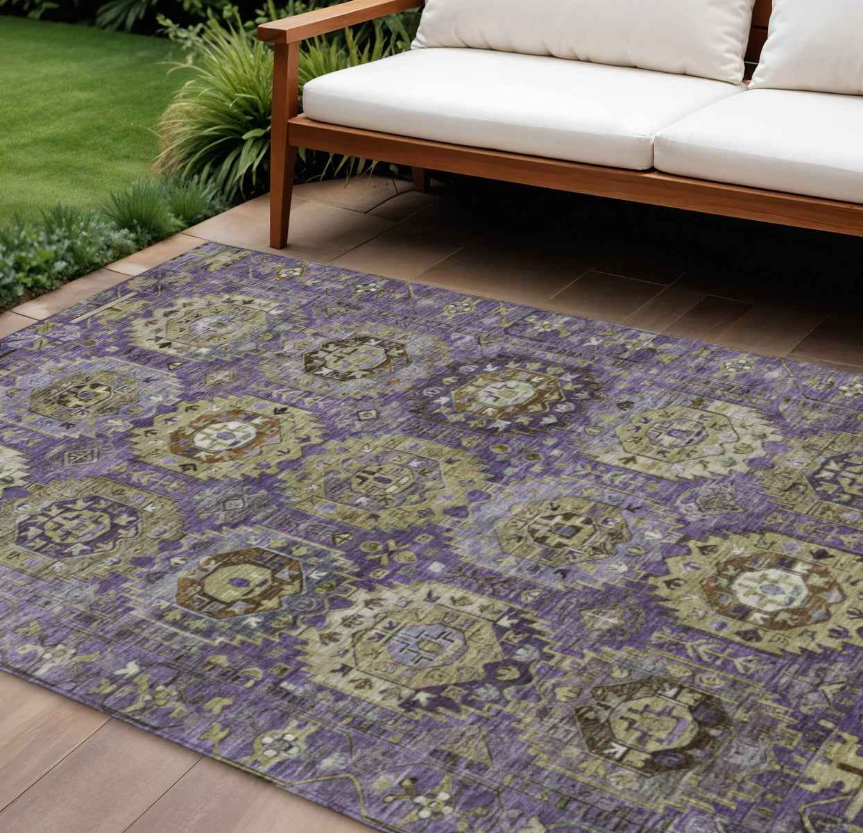 8' X 10' Eggplant Lavender And Olive Green Medallion Washable Indoor Outdoor Area Rug
