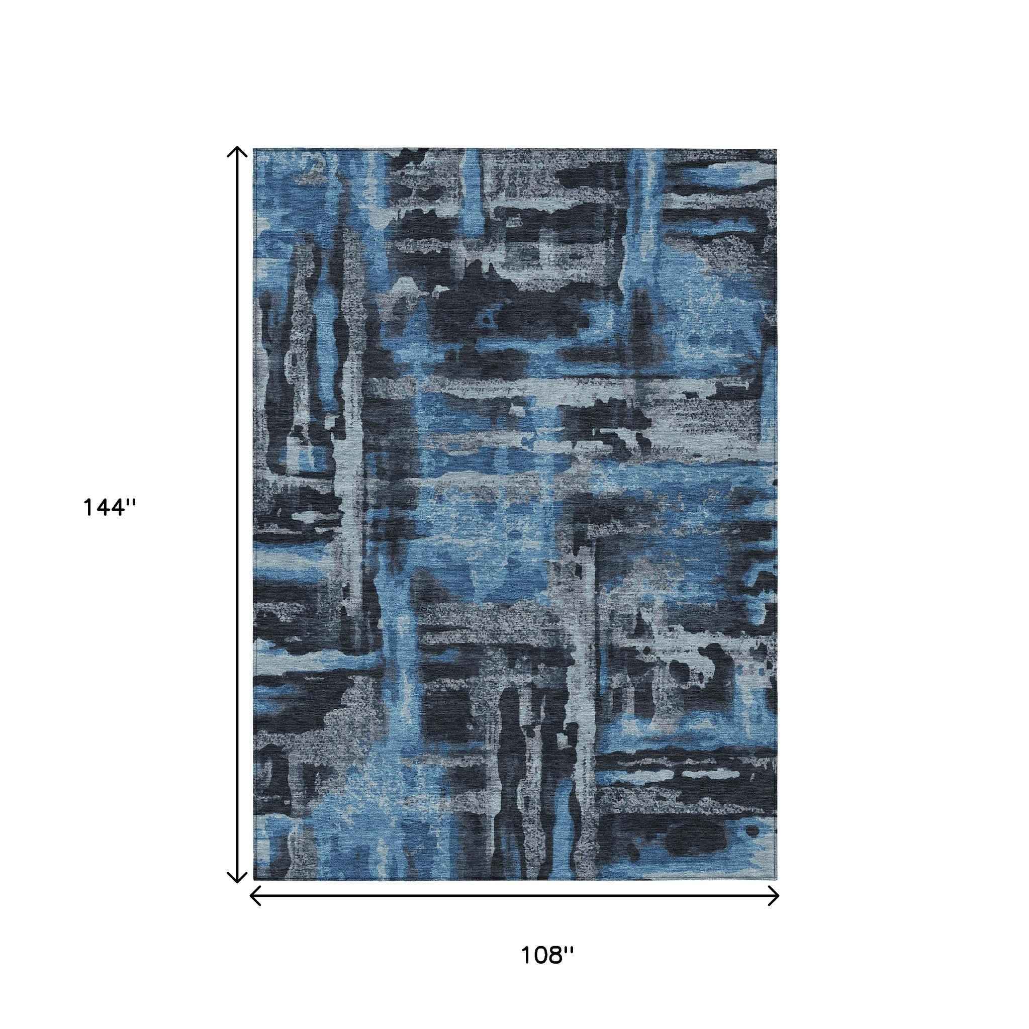 9' X 12' Black And Blue Abstract Washable Indoor Outdoor Area Rug