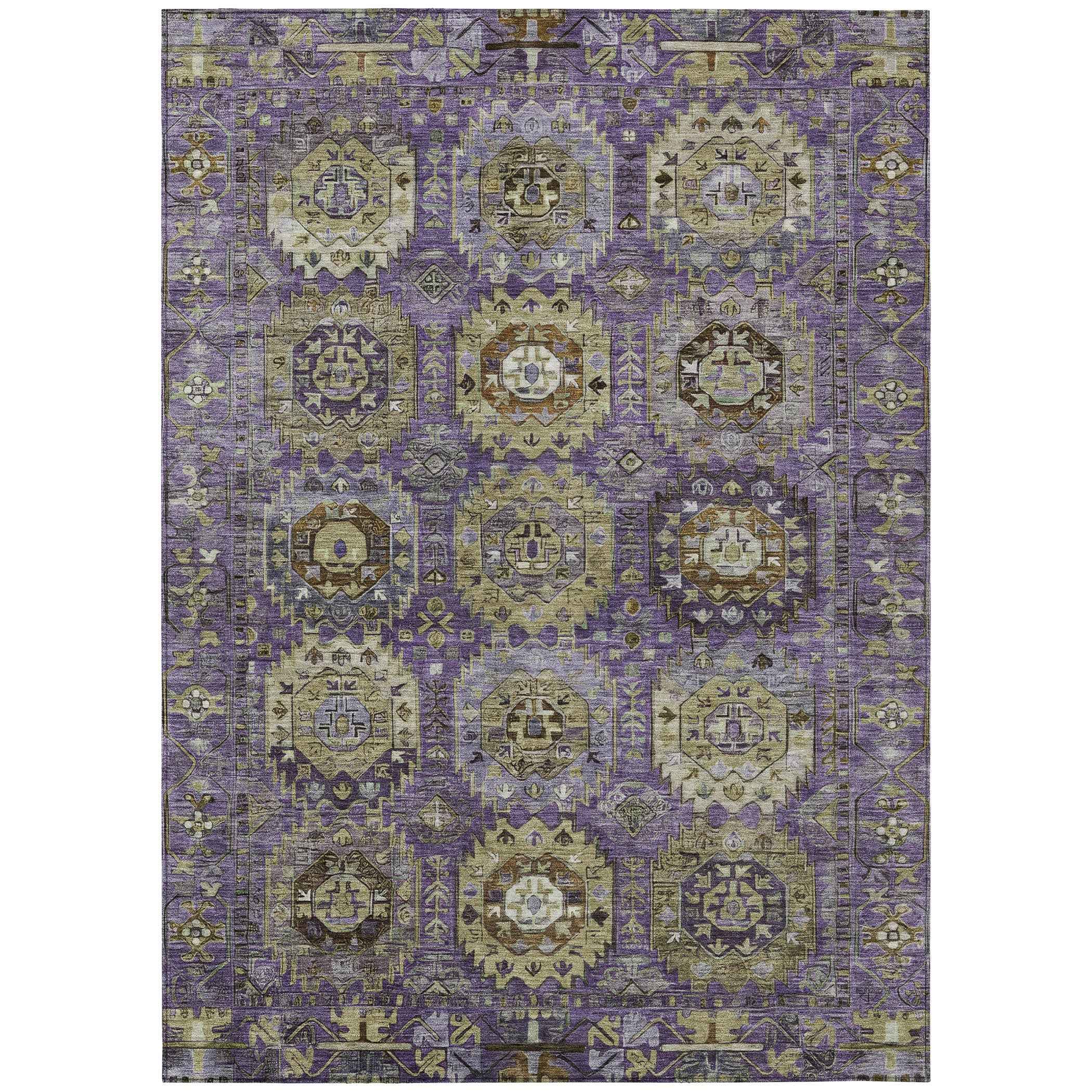 8' X 10' Eggplant Lavender And Olive Green Medallion Washable Indoor Outdoor Area Rug