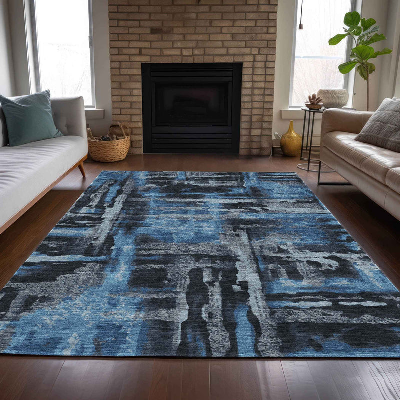 9' X 12' Black And Blue Abstract Washable Indoor Outdoor Area Rug