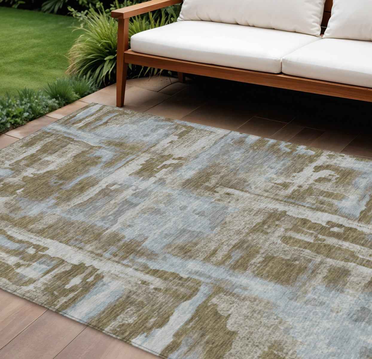 10' X 14' Brown And Sky Blue Abstract Washable Indoor Outdoor Area Rug