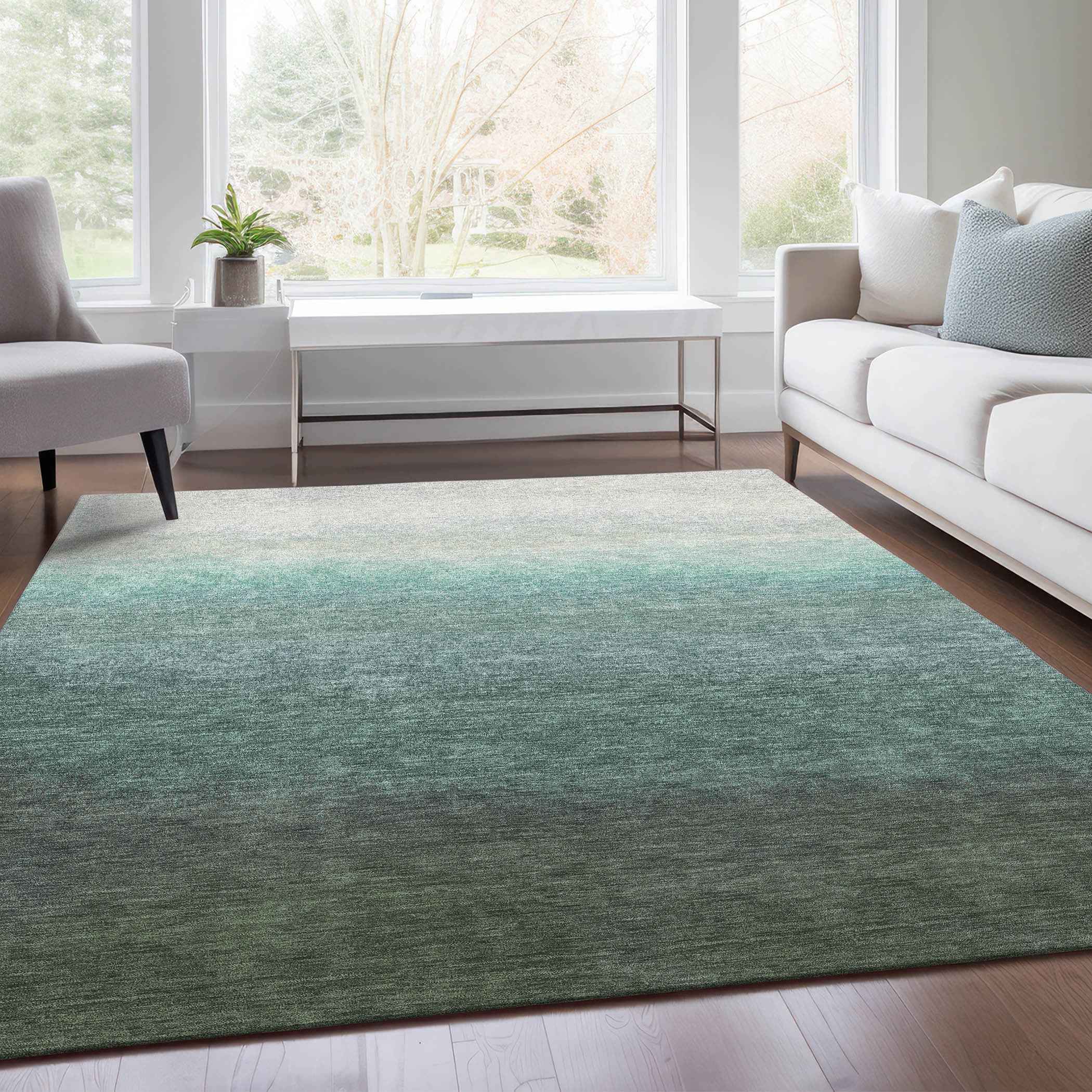 5' X 8' Pale Aqua And Gray Ombre Washable Indoor Outdoor Area Rug