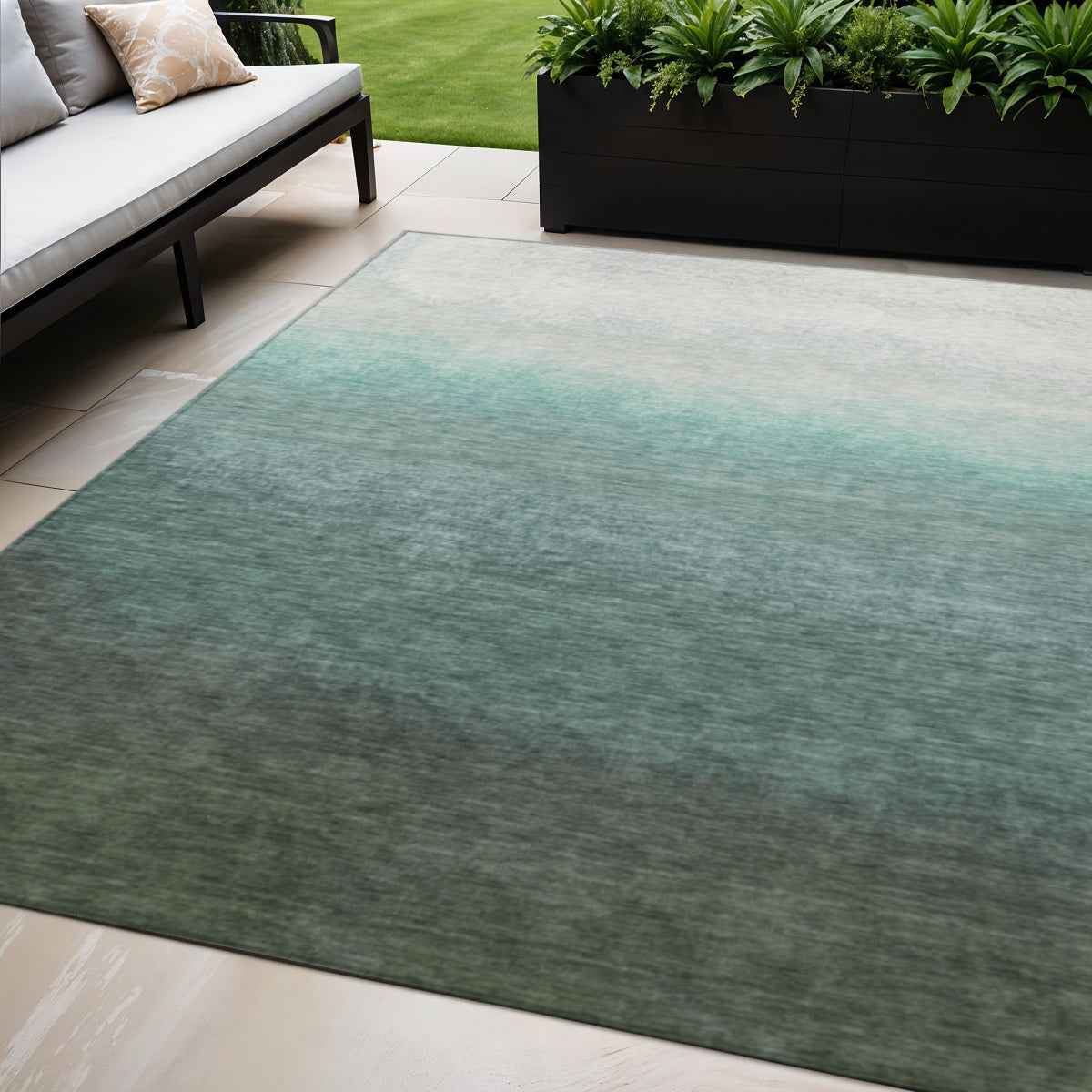5' X 8' Pale Aqua And Gray Ombre Washable Indoor Outdoor Area Rug