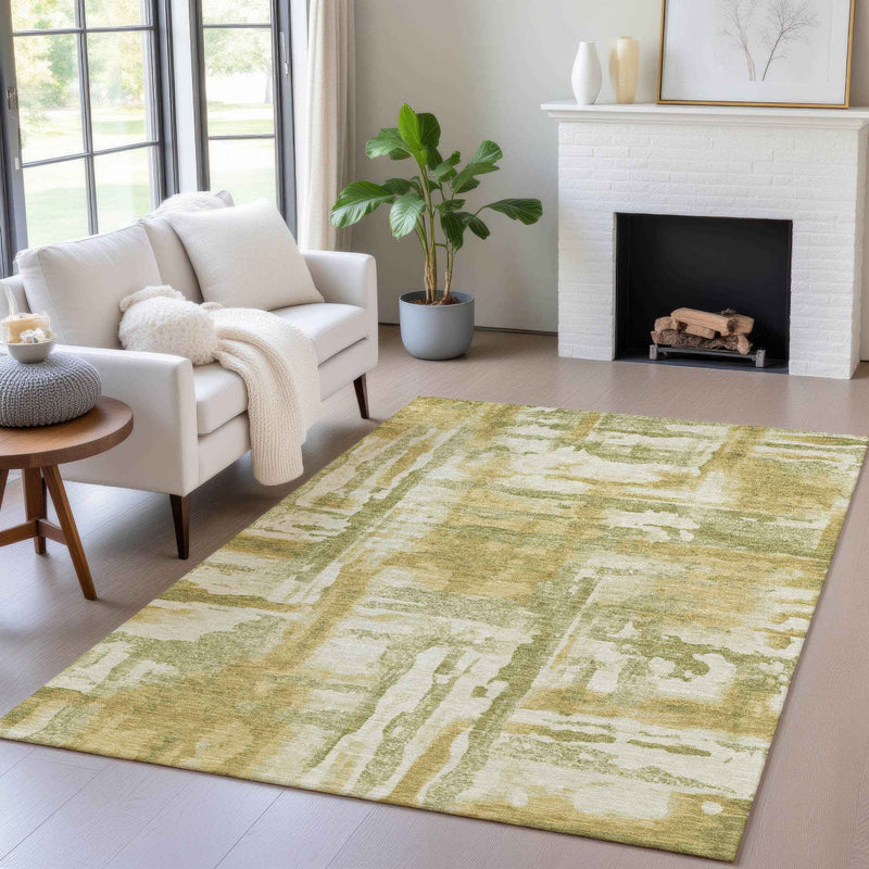 8' X 10' Artichoke Green And Gold Abstract Washable Indoor Outdoor Area Rug