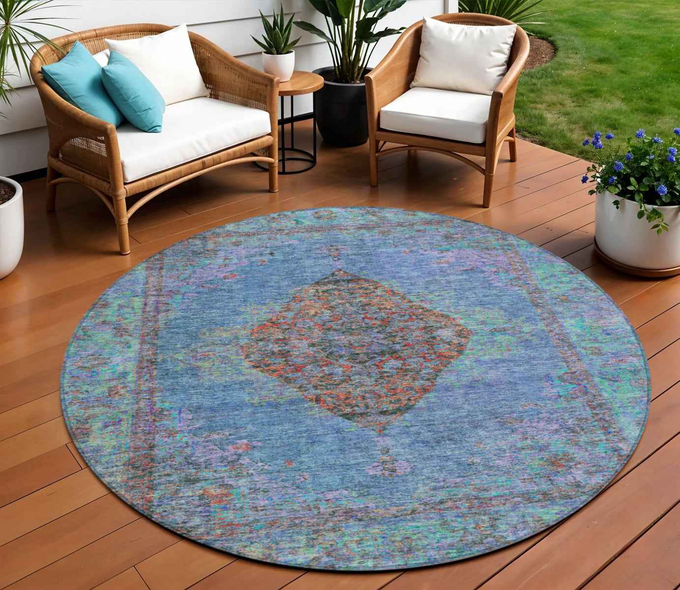 8' Blue And Rust Round Medallion Washable Indoor Outdoor Area Rug